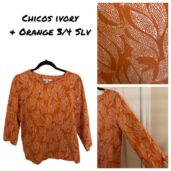 Chico’s Ivory & Orange Top 3/4 length sleeve top. Sz 2 (12-14) - Picture 1 of 8